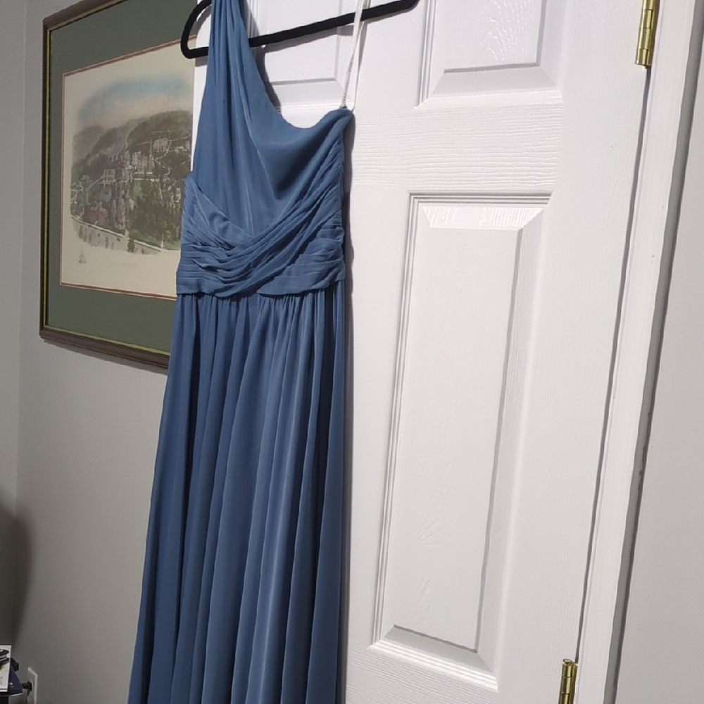 David's Bridal Blue Asymmetrical Ruched Gown